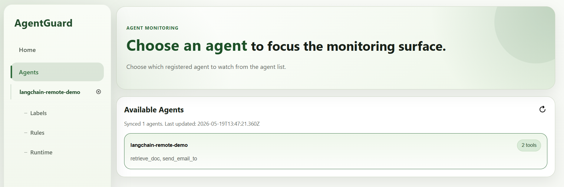LangChain agent connected to the control server
